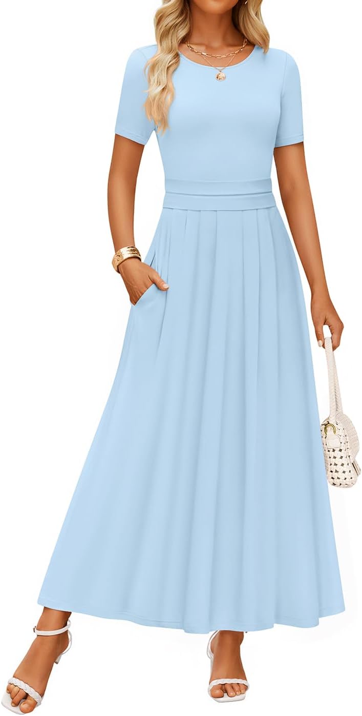 ZESICA Women's Summer Short Sleeve Maxi Dress with Pockets