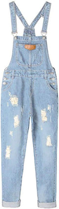 Women's Adjustable Strap Ripped Denim Overalls - Breathable Cotton