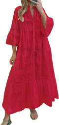 Lace Eyelet Embroidery Maxi Dress V-Neck - Flowy Boho Summer Dress L=
