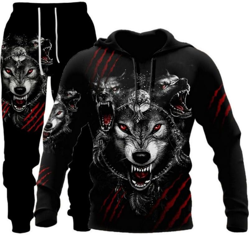 3D Printed Wolf & Lion Hoodie Pants Suit for Men - Stylish Set
