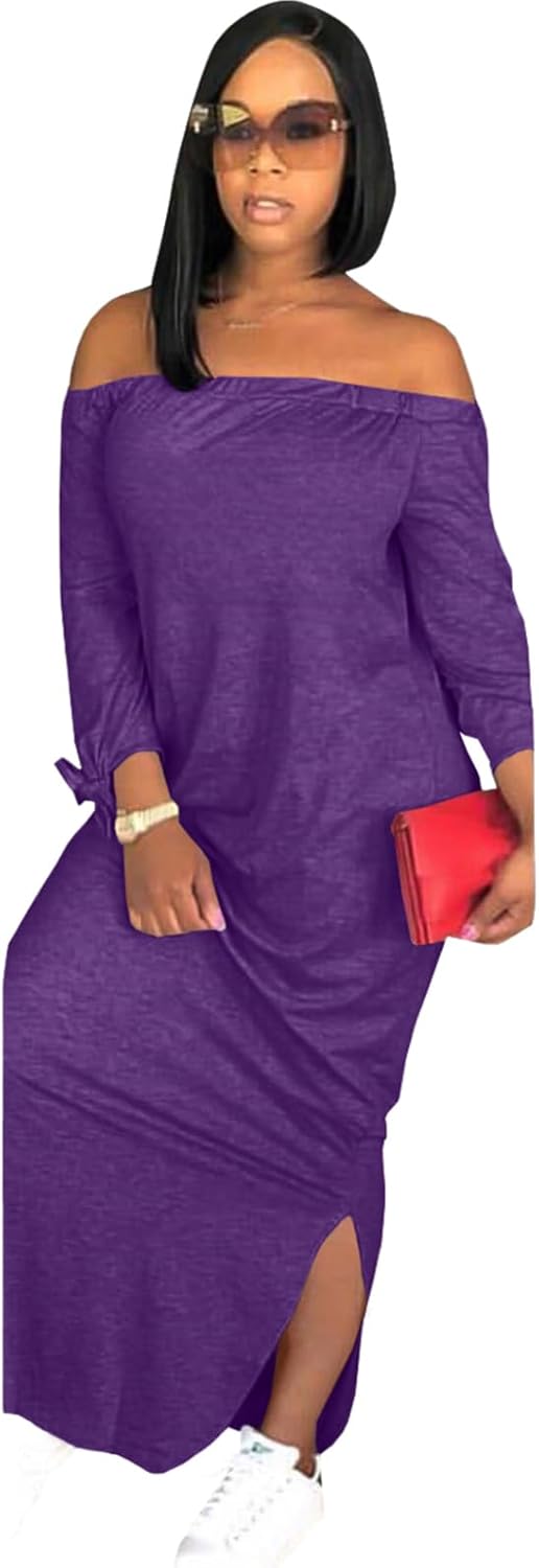 OLUOLIN Women's Off Shoulder Long Sleeve Casual Maxi Dress