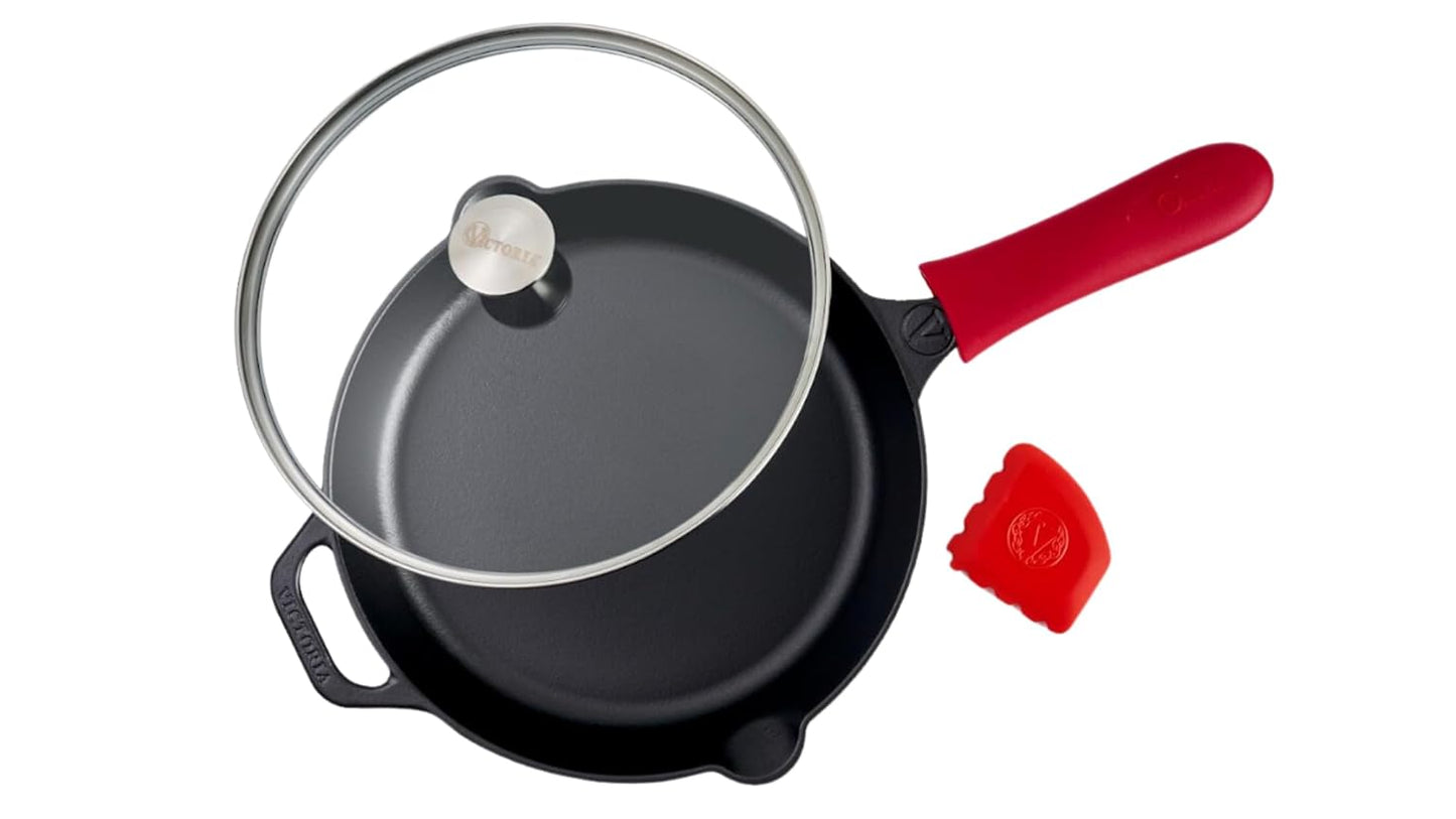 Victoria 12-Inch Cast Iron Skillet Set with Lid and Accessories