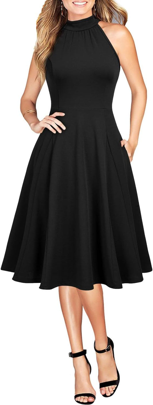 WOOSEA Womens Sleeveless Halter Neck Bodycon A-Line Dress