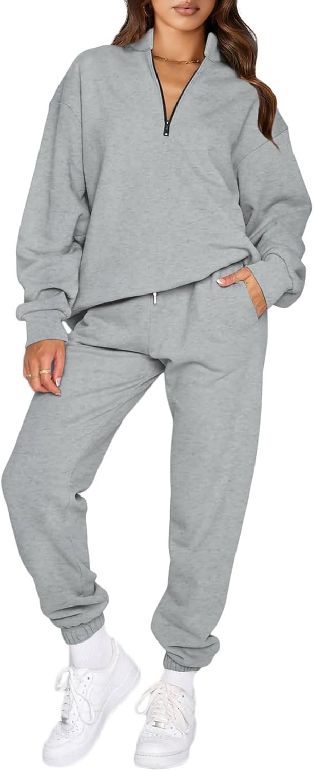 Stylish Oversized Half Zip Pullover Jogger Pants Set for Women
