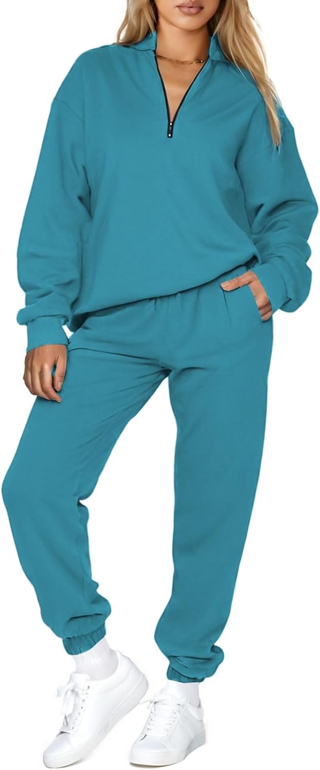 Stylish Oversized Half Zip Pullover Jogger Pants Set for Women