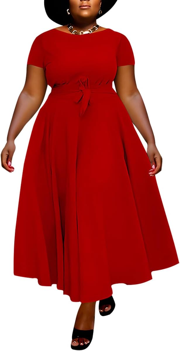 Women Plus Size A Line Maxi Dress with Pockets for Elegance