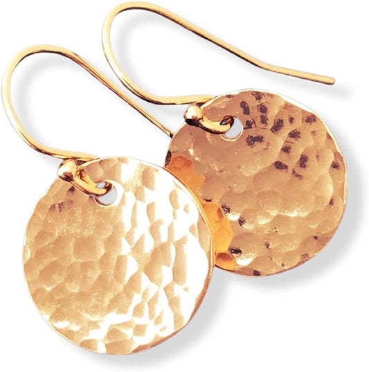 Yellow Gold Filled Disc Earrings Hammered Simple for Everyday Wear