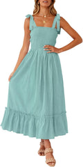 Boho Spaghetti Strap Square Neck Ruffle A Line Maxi Dress - Flattering