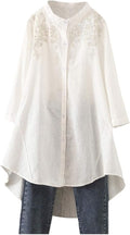 Minibee Women's Cotton Linen Button Down Tunic - Embroidered High Low
