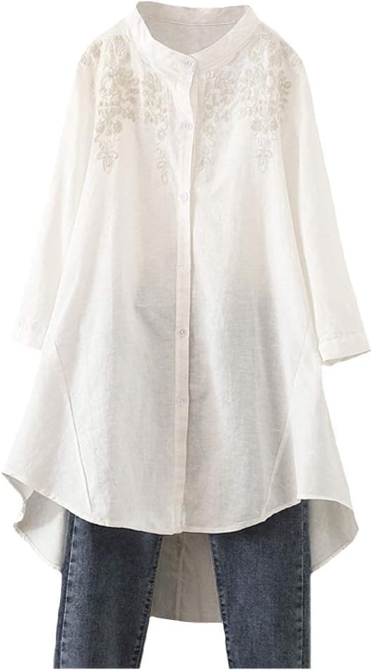Minibee Women's Cotton Linen Shirt High Low Tunic Blouse Review