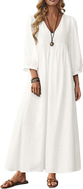 Celmia Autumn Solid Loose Long Maxi Dress Cotton Caftan - Relaxed Boho