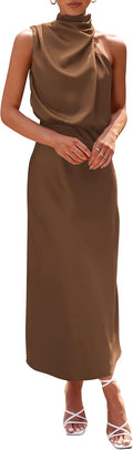 Women's Satin Maxi Dress Mock Neck Sleeveless - Summer 2025