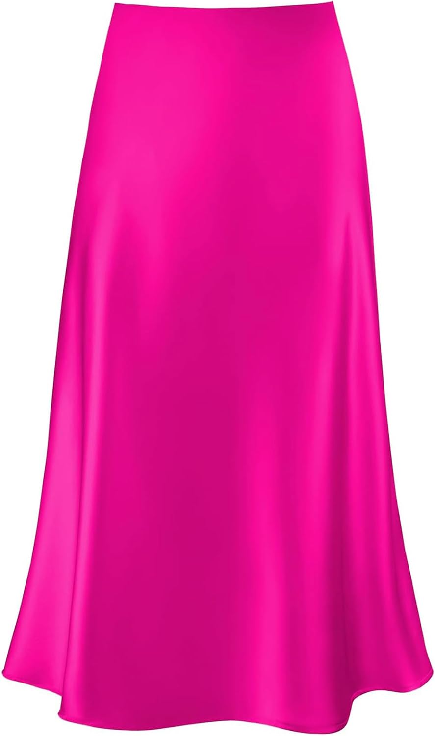Satin High Waist Flared Casual A Line Midi Skirt for Women