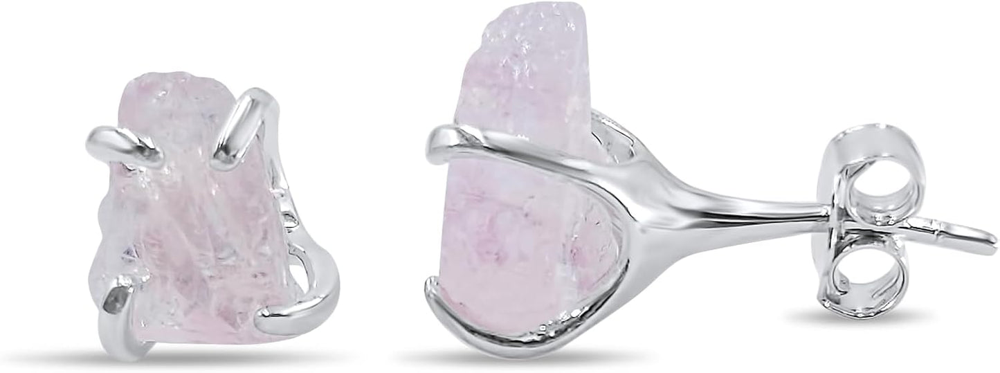 Natural Raw Gemstone Stud Earrings in White Gold Over Silver