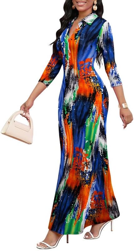Maxi Dresses for Women Casual V Neck 3/4 Sleeve Bodycon Style