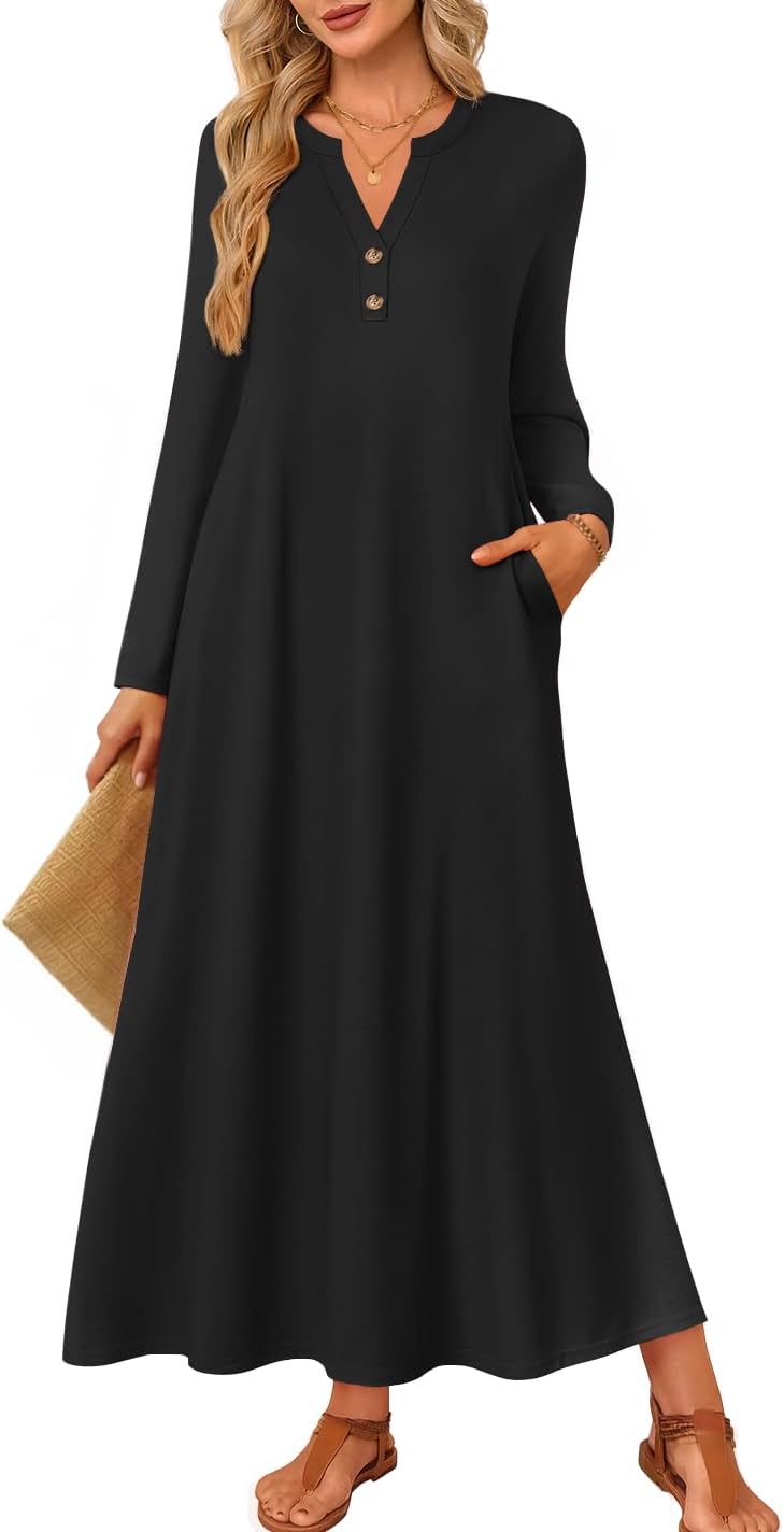 Elegant V Neck Flowy Maxi Dress with Pockets for Women