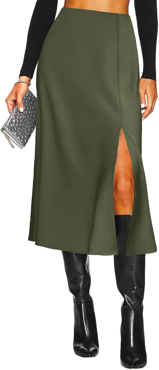 Women's Side Slit A Line Satin Midi Skirt for Elegant Style