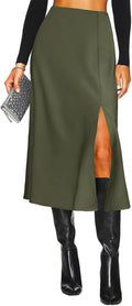 Women's Side Slit A Line Satin Midi Skirt - High Waisted Comfort