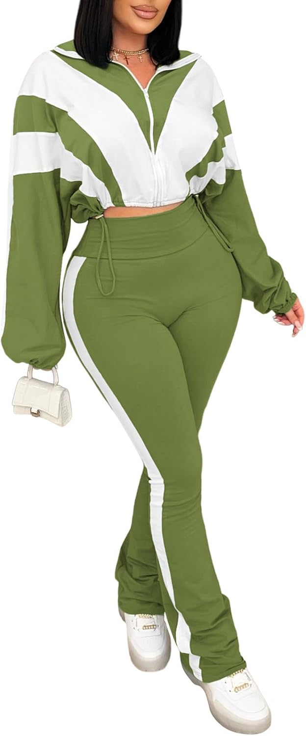 Stylish Color Block Long Sleeve Zip Jacket and Pants Set