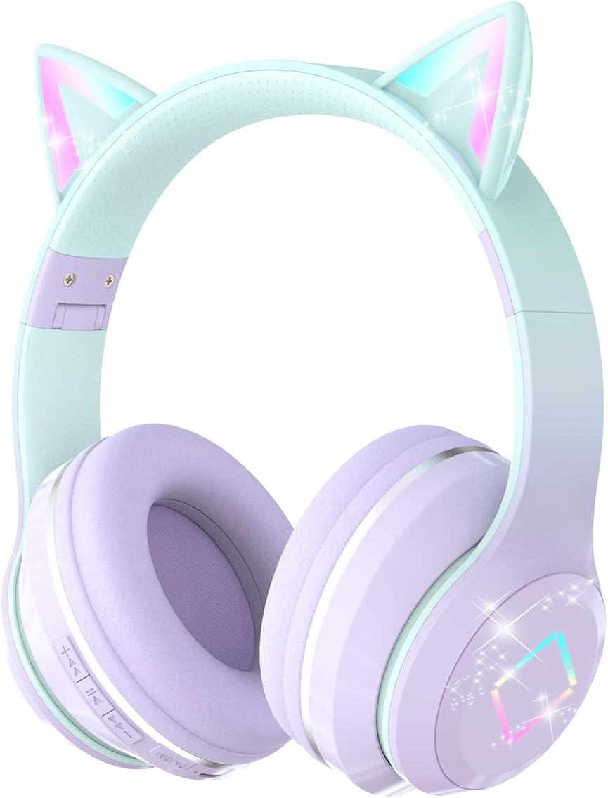 YOYOTUNE Cat Ear Bluetooth Kids Headphones - LED Lights, Stereo Sound