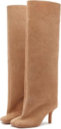 Women's Knee High Boots Nude Suede Wide Calf - Pull On Stiletto