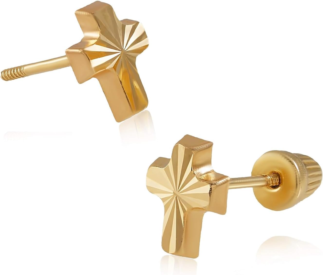 14K Real Yellow Gold Diamond Cut Stud Earrings for Women & Mom