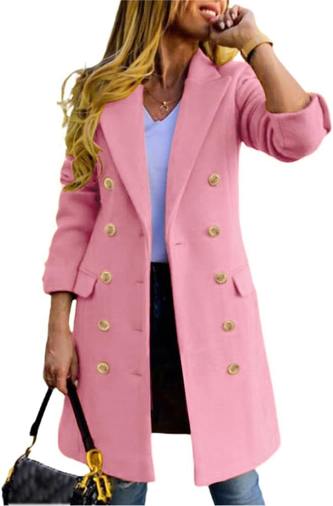 Womens Fall Winter Wool Coats Double Breasted Midi Peacoat