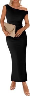 One Shoulder Bodycon Ruched Maxi Dress - Flattering Fit for Events Any