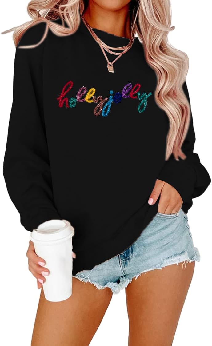 Christmas Sequins Sweatshirts Women Jolly Glitter Patch Pullover