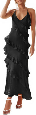 Wenrine Womens Chiffon Halter Maxi Dress - Flowy Backless Ruffle Fit
