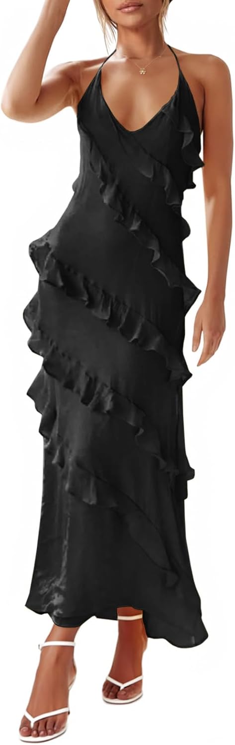 Wenrine Womens Sexy Chiffon Halter Maxi Dress for Parties