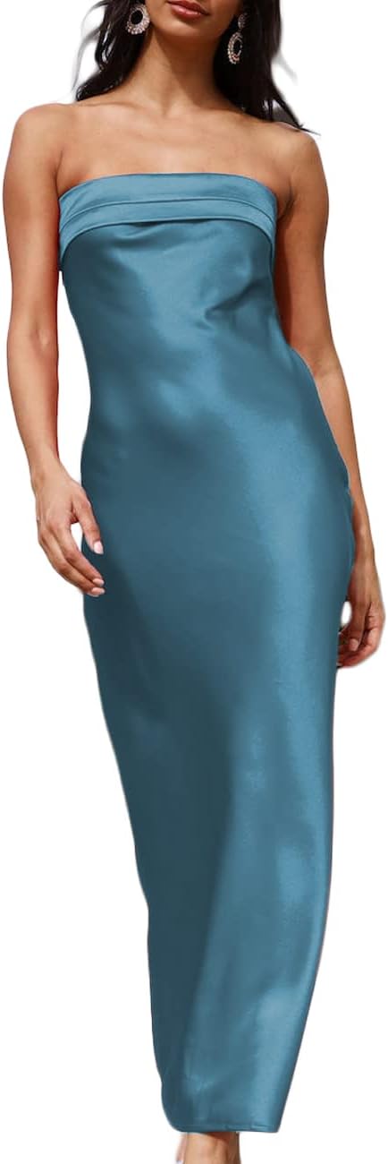 Realtix Satin Silk Backless Tube Tops Maxi Dress for Women