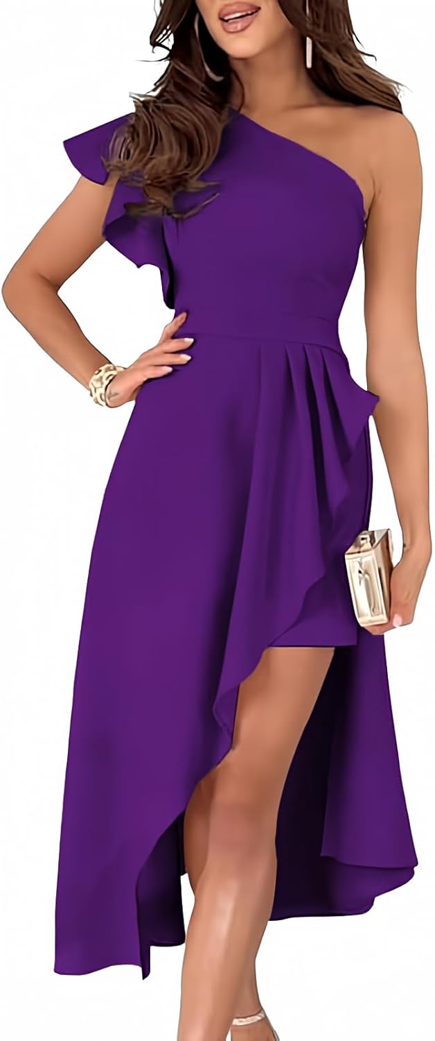 Dokotoo Womens One Shoulder Sleeveless Ruffle Midi Dress