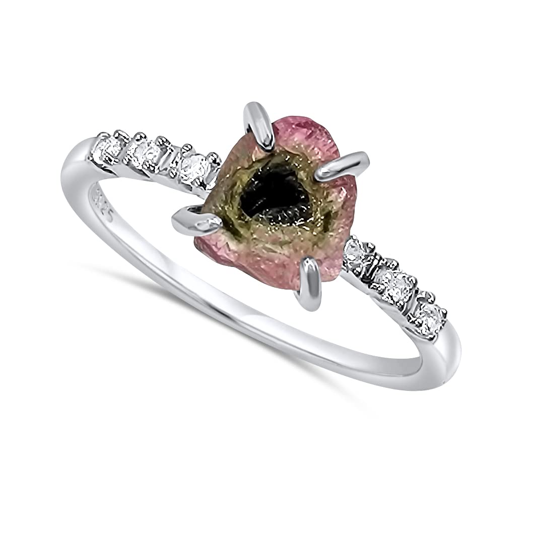 Real Raw Watermelon Tourmaline Dainty Ring in White Gold