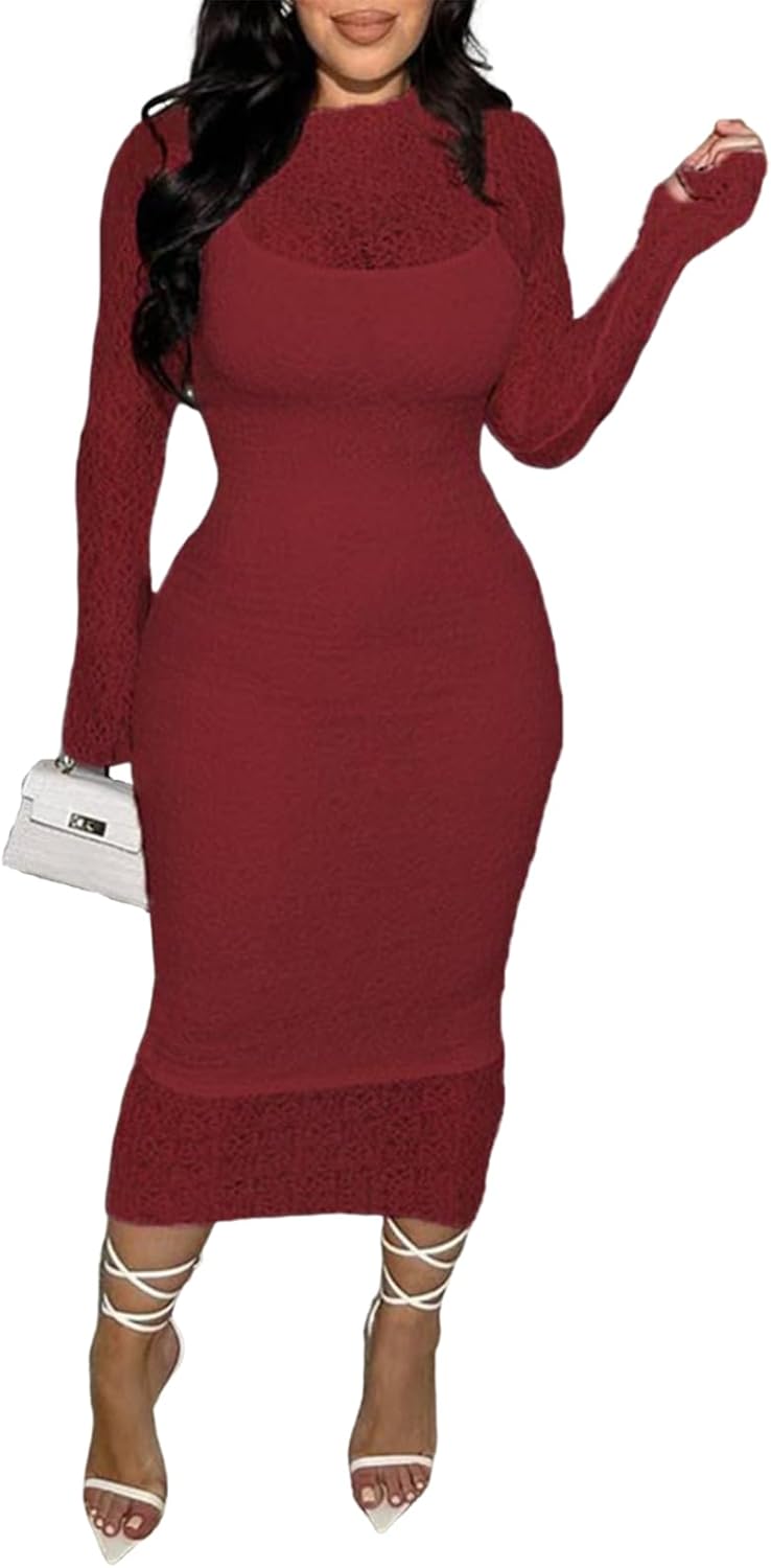 Uni Clau Sexy Lace Dresses Long Sleeve Bodycon Midi Dress Set