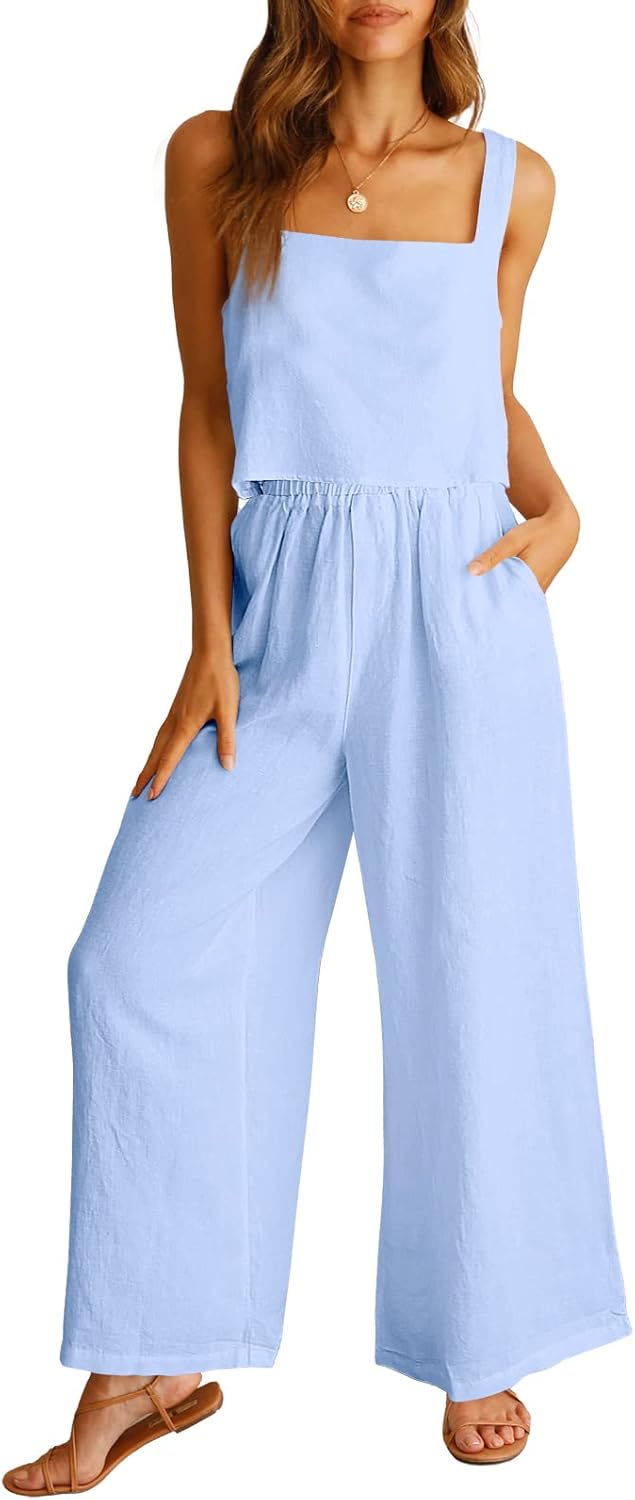 Trendy Women's 2 Piece Linen Pants Jumpsuit Casual Summer Set