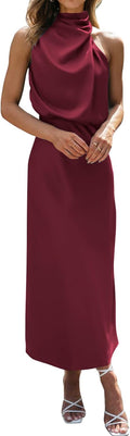 Sleeveless Mock Neck Satin Maxi Dress - Flattering High Waist Fit S=US