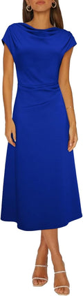 Cowl Neck Ruched Waist A-Line Midi Dress - Flattering Spring Fit