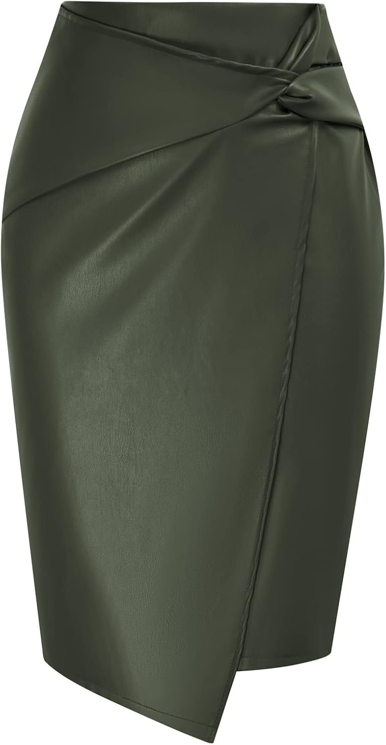 Kate Kasin Women's Faux Leather High Waist Wrap Midi Skirt