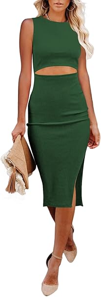 Pink Queen Women's Crew Neck Sleeveless Cutout Side Slit Dress