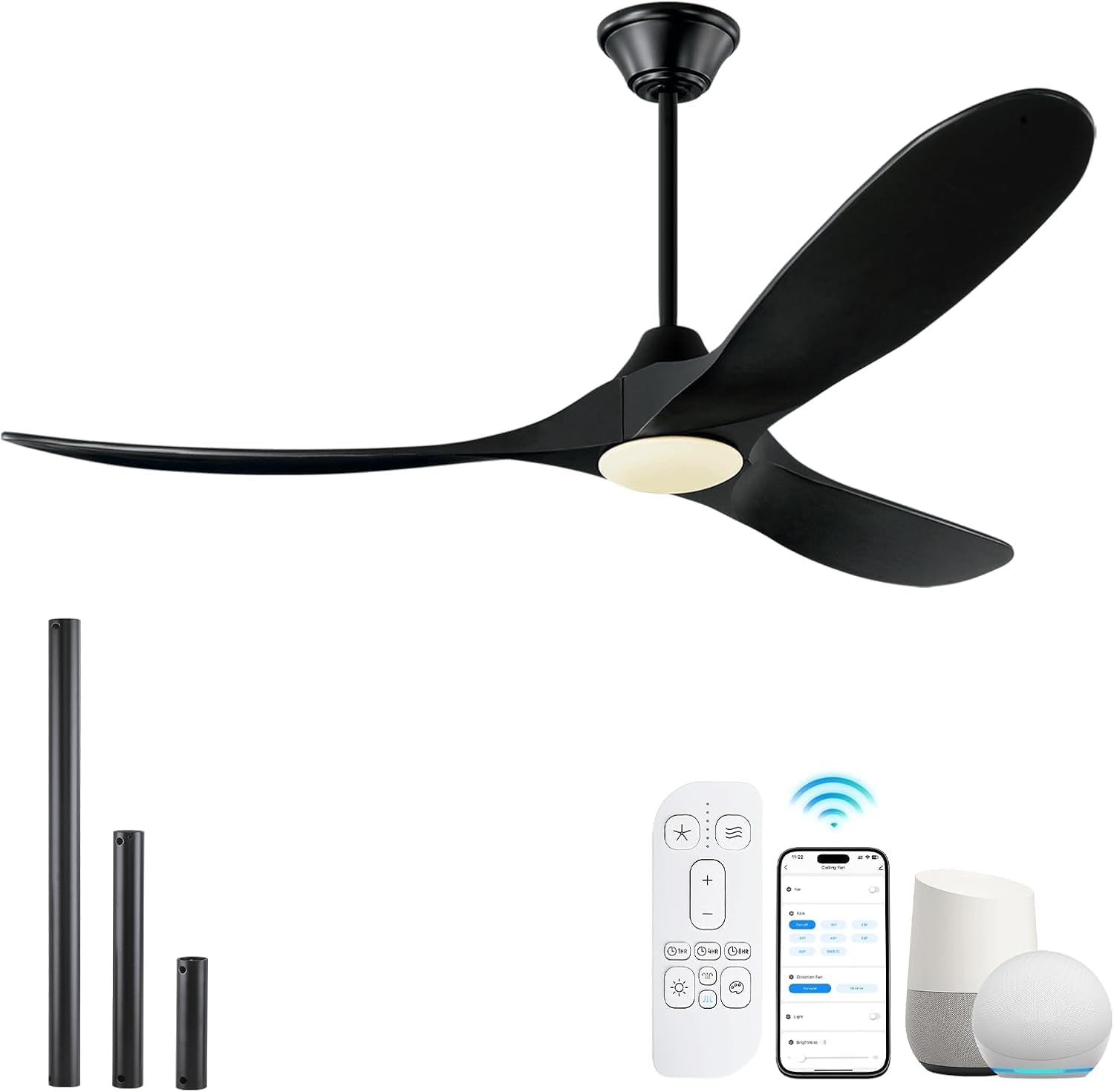52 Inch Black Smart Ceiling Fan with Lights for Outdoor Use