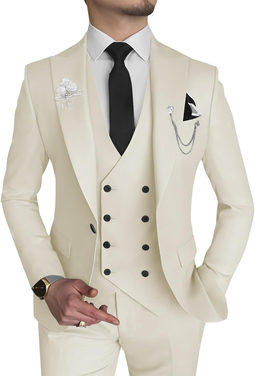 Wangyue Men's 3 Piece Slim Fit Suit for Wedding and Prom Events