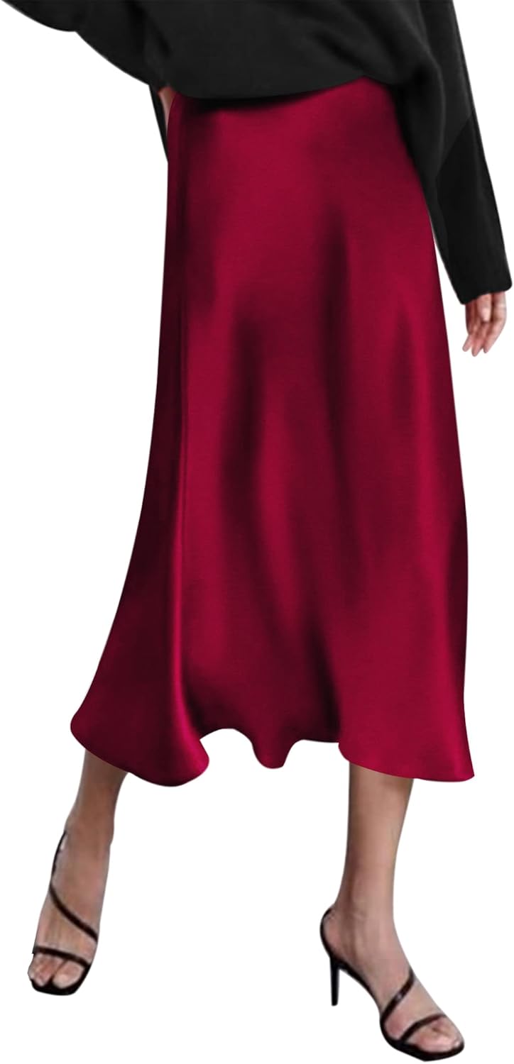 Elegant Midi Skirt for Women - High Waist Satin Style