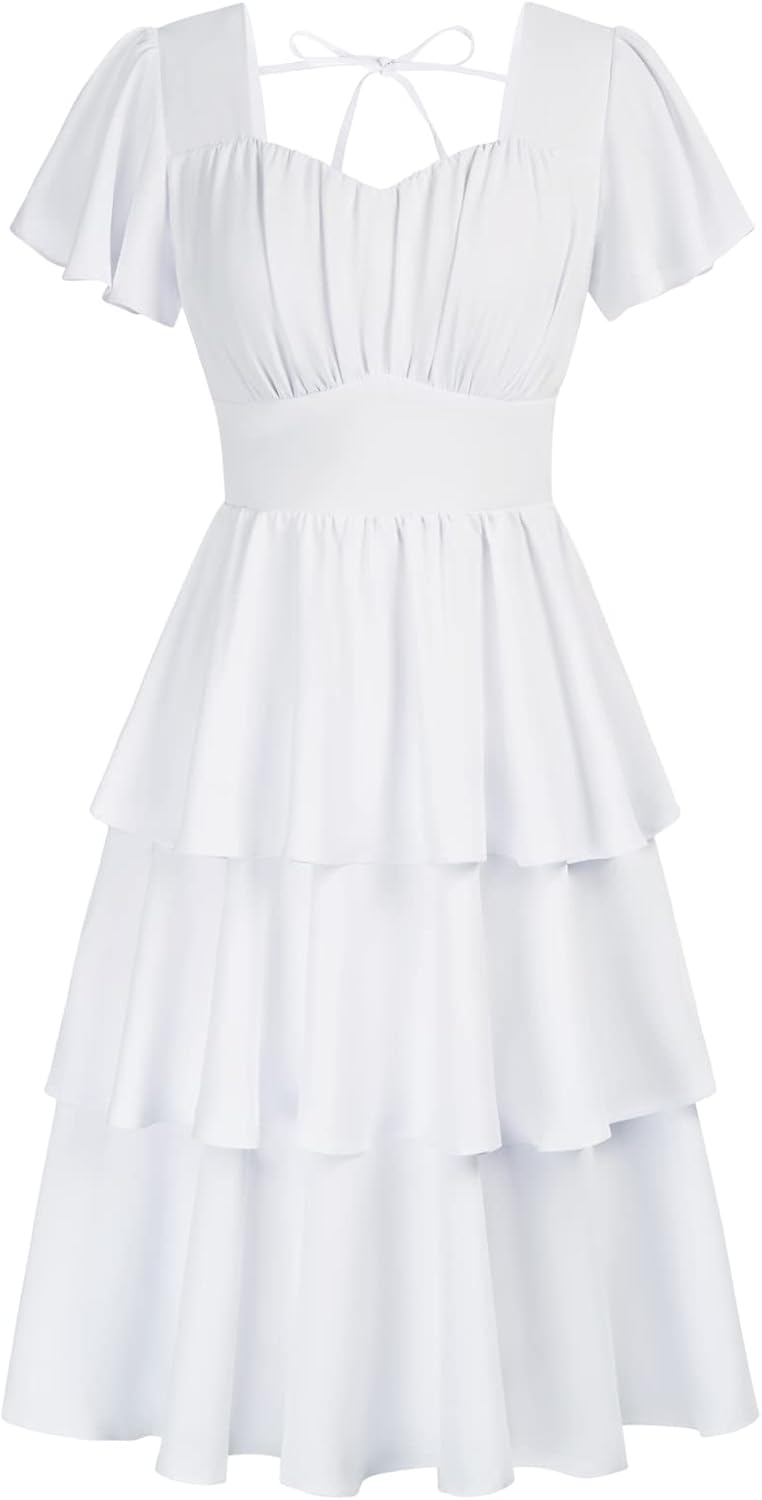 Belle Poque Women's Square Neck Tiered Ruffle Dress for Summer