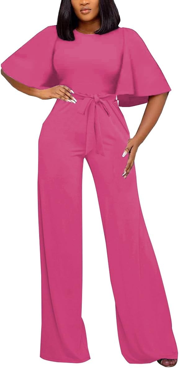 BessCops Womens Loose Short Sleeve Belted Wide Leg Romper