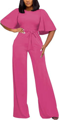 Womens Loose Short Sleeve Belted Wide Leg Jumpsuit Romper - Elegant