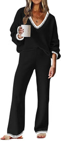 Womens 2 Piece Sweater Lounge Set V Neck Knit Pants - Cozy Everyday