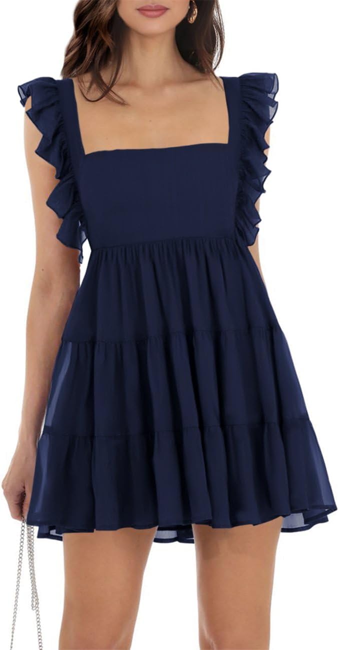 Womens Summer Square Neck Tie Back Ruffle Sleeve Mini Dress