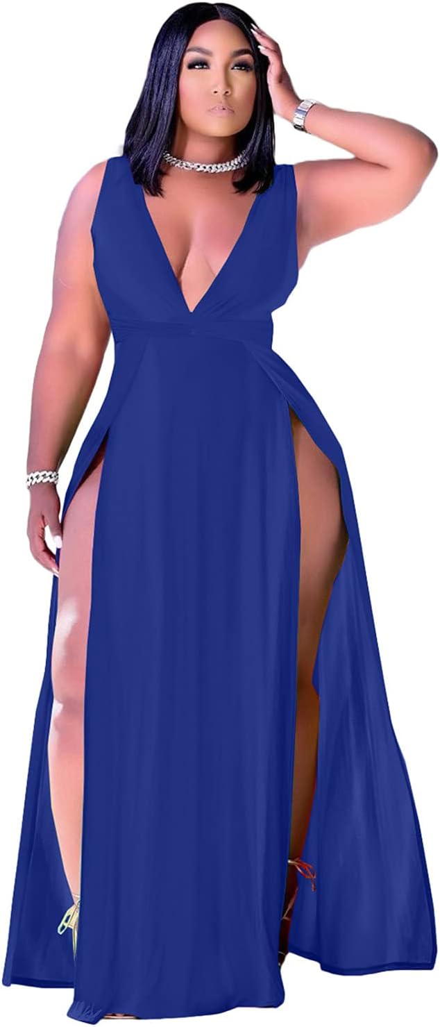 Stylish Plus Size Sleeveless Deep V Neck Maxi Wrap Dress