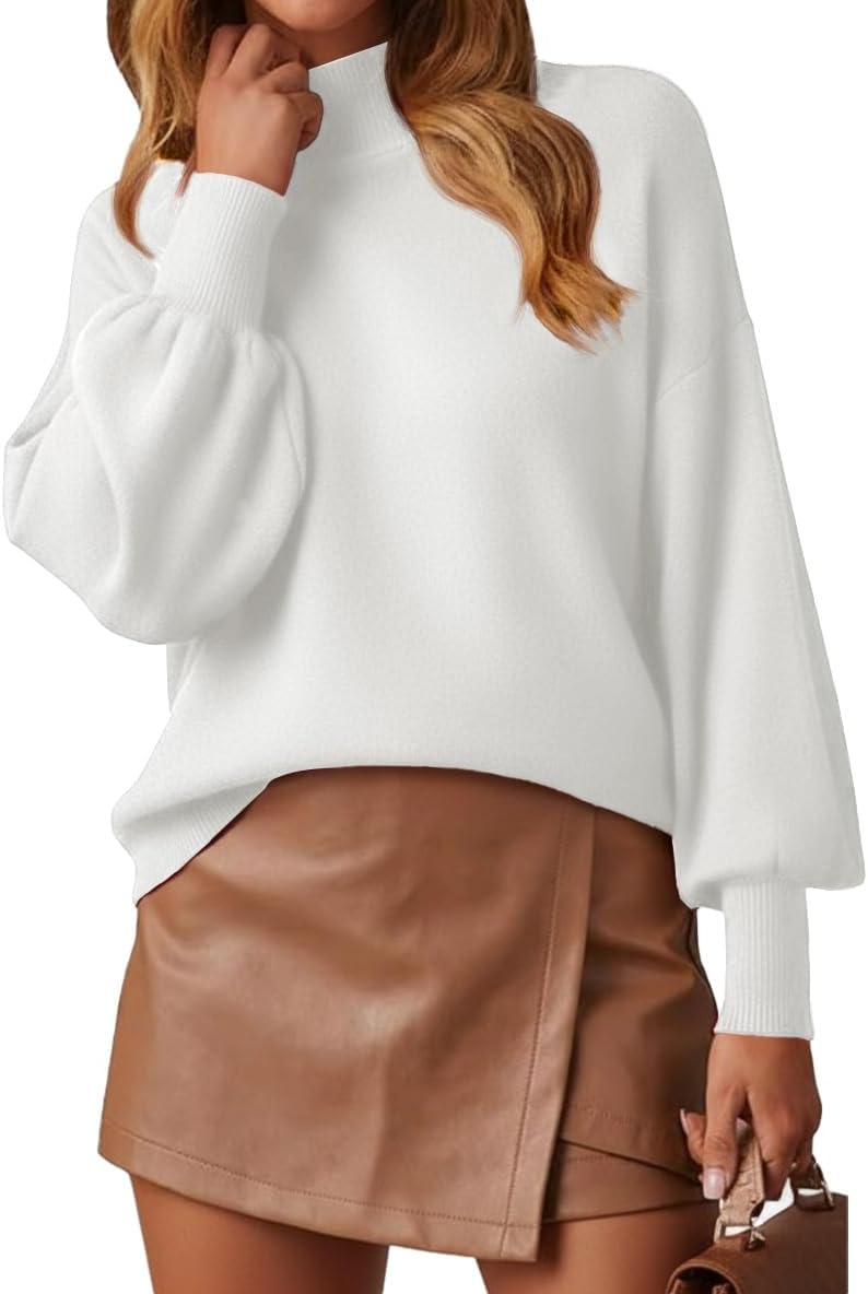 WEACZZY Women's Mock Neck Lantern Sleeve Lightweight Sweater